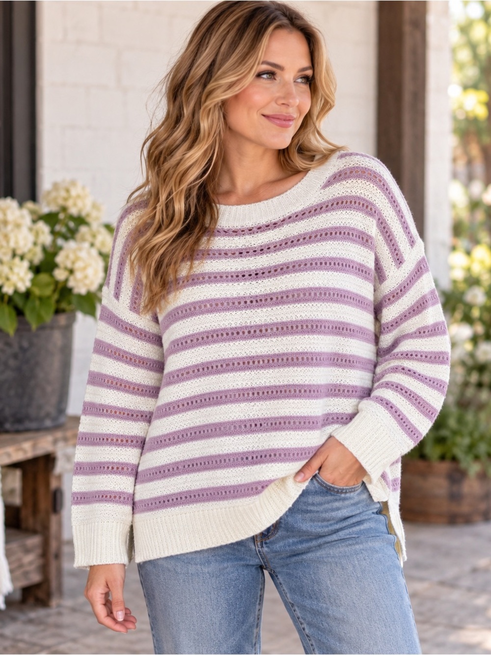 Gypsy Cloud Pink Stripe Open Knit Pullover Sweater 1X NWT